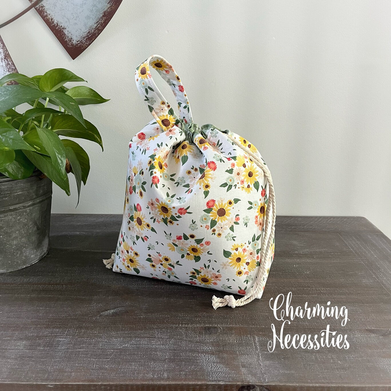 Knitting Project Bag, Spring Sunflowers Floral Drawstring Tote