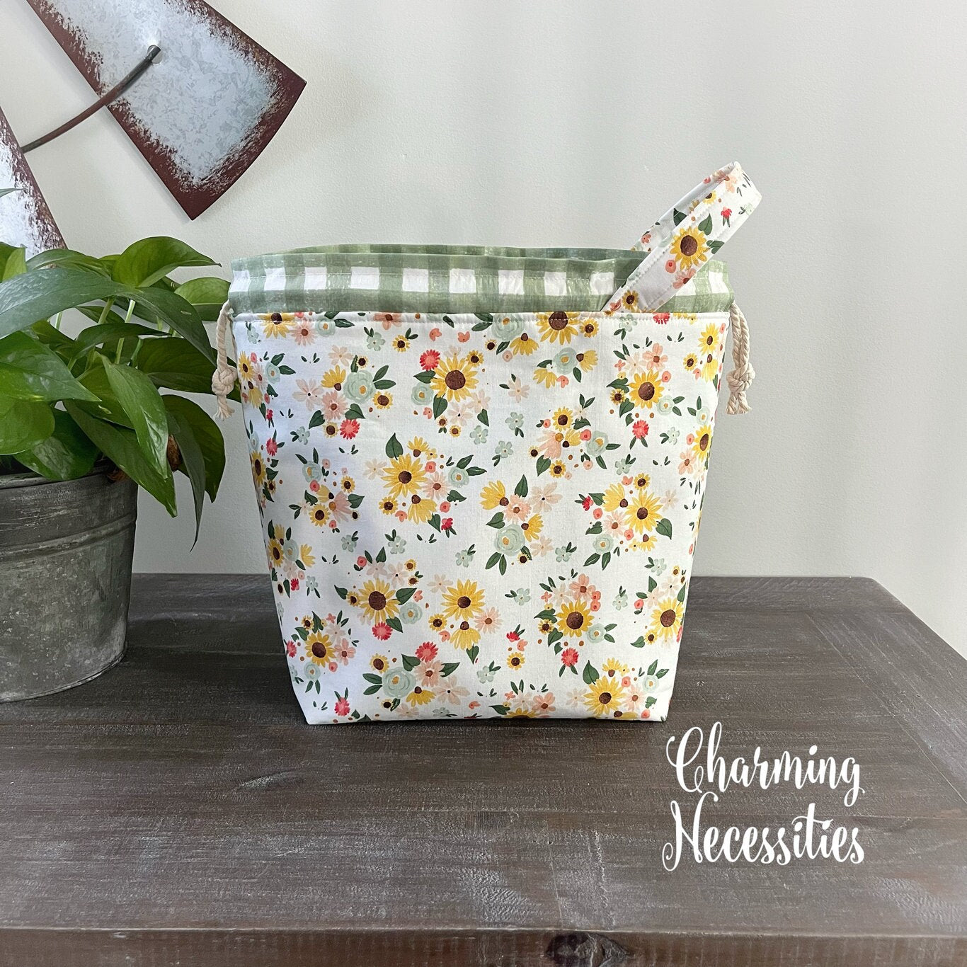 Knitting Project Bag, Spring Sunflowers Floral Drawstring Tote