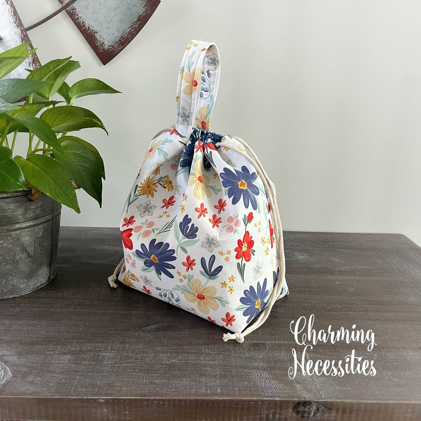 Knitting Project Bag, Farmhouse Wildflower Floral Drawstring Tote