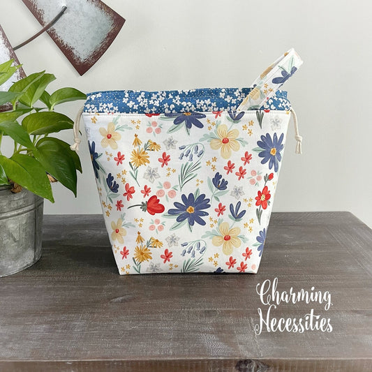 Knitting Project Bag, Farmhouse Wildflower Floral Drawstring Tote