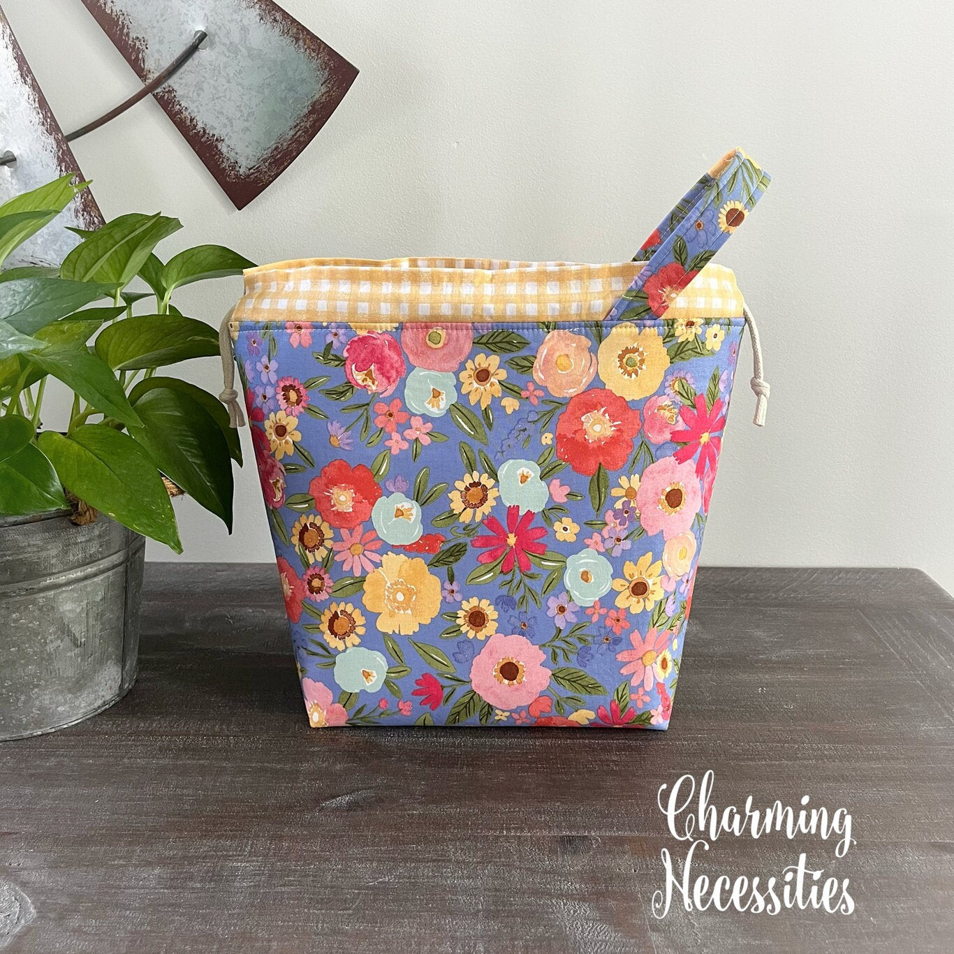 Knitting Project Bag, Summer Floral Yellow Drawstring Tote