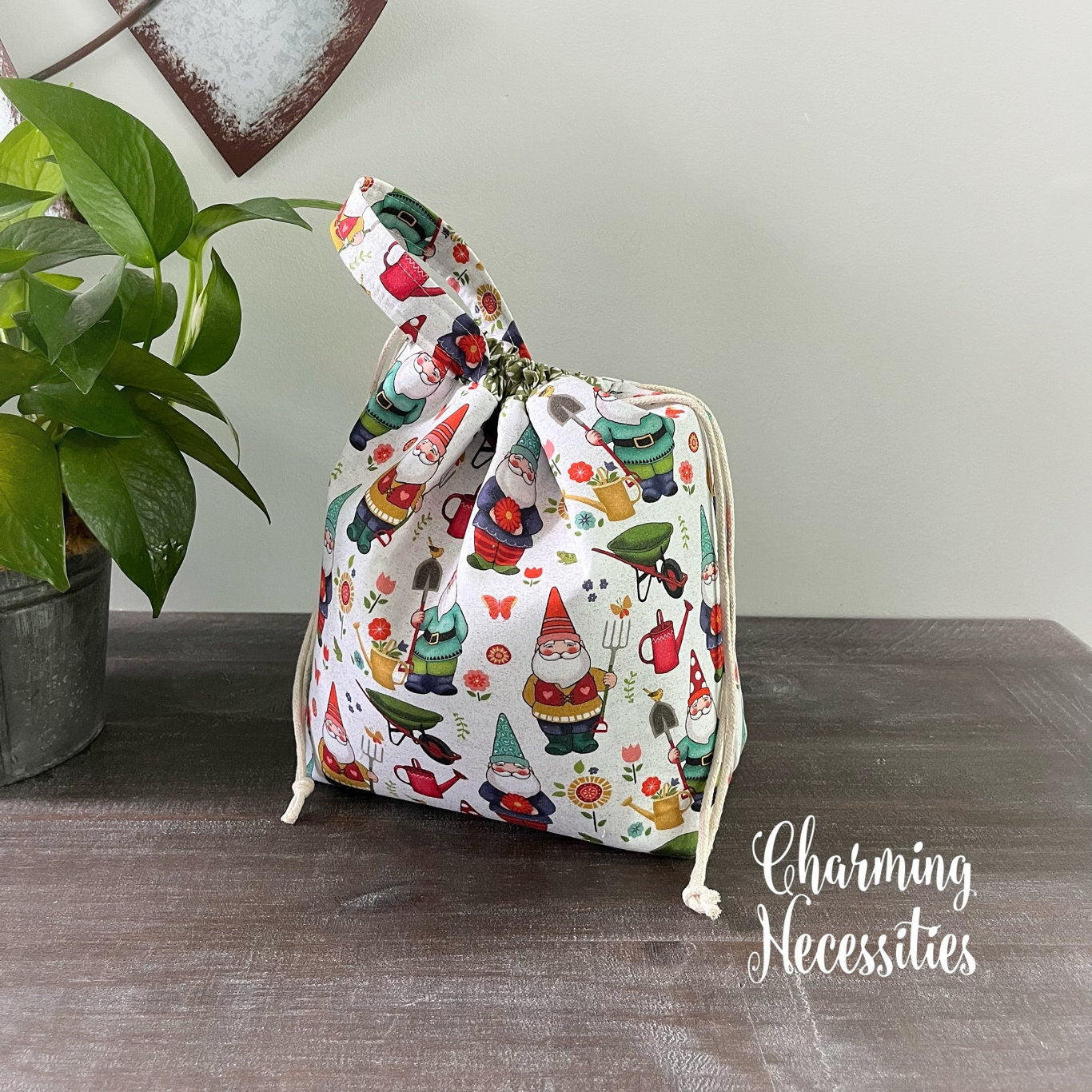 Knitting Project Bag, Gardening Gnomes Drawstring Tote