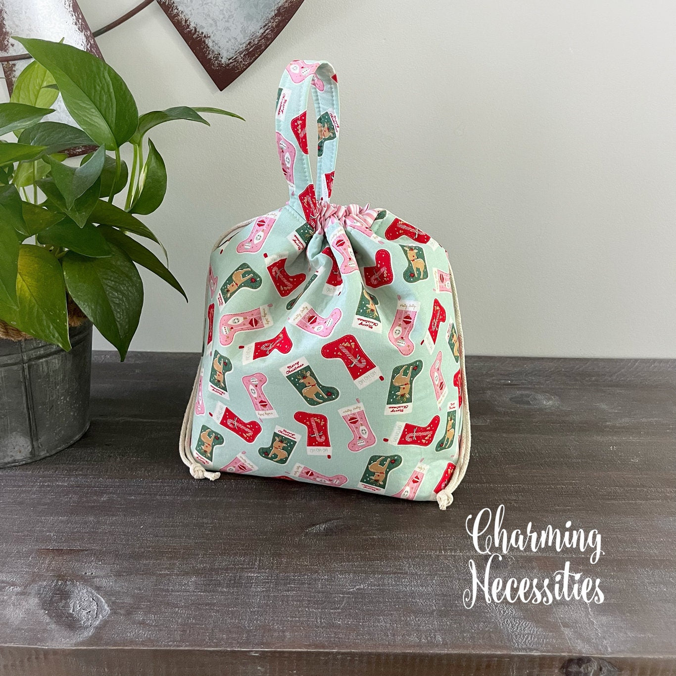 Knitting Project Bag, Christmas Stockings Drawstring Tote