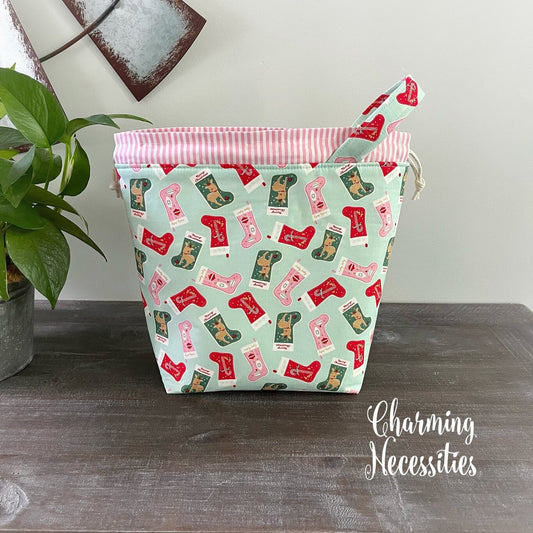 Knitting Project Bag, Christmas Stockings Drawstring Tote