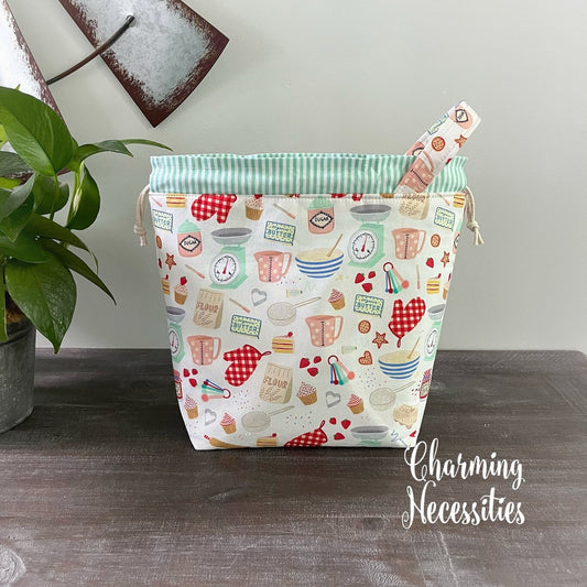 Knitting Project Bag, Baking Bakery Themed Drawstring Tote