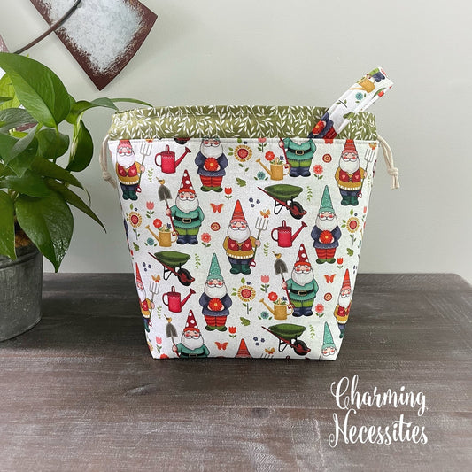 Knitting Project Bag, Gardening Gnomes Drawstring Tote