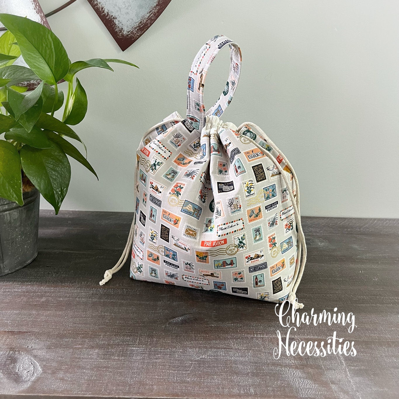 Knitting Project Bag, Postage Stamps Rifle Paper Drawstring Tote