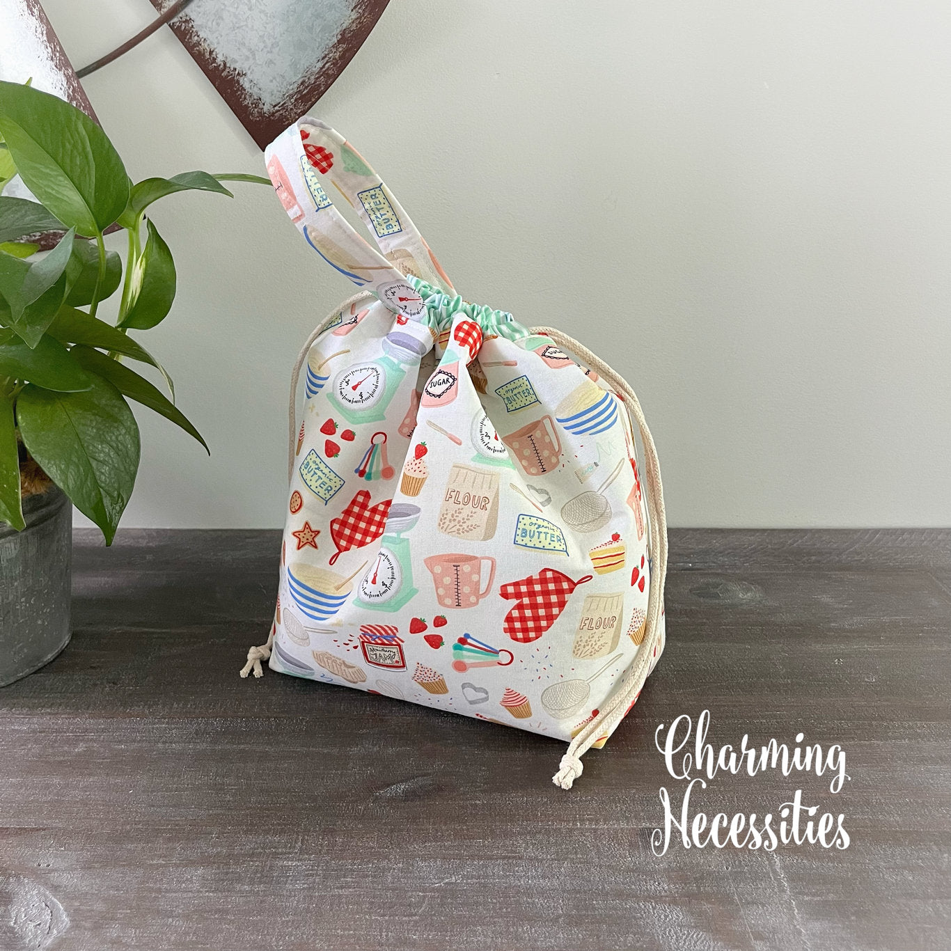 Knitting Project Bag, Baking Bakery Themed Drawstring Tote