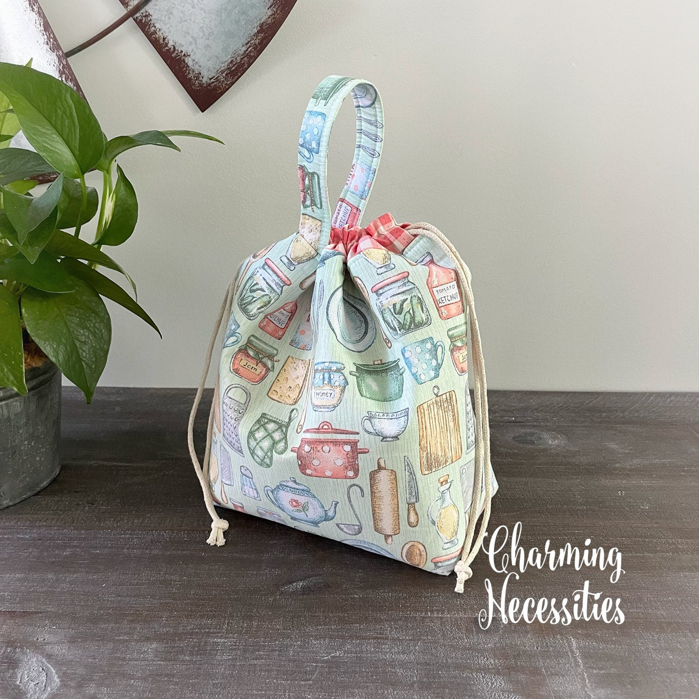 Knitting Project Bag, Kitchen Cooking Theme Drawstring Tote, Crochet Sewing Project Bag Sock Shawl Pouch, Gifts for Knitters Crocheters