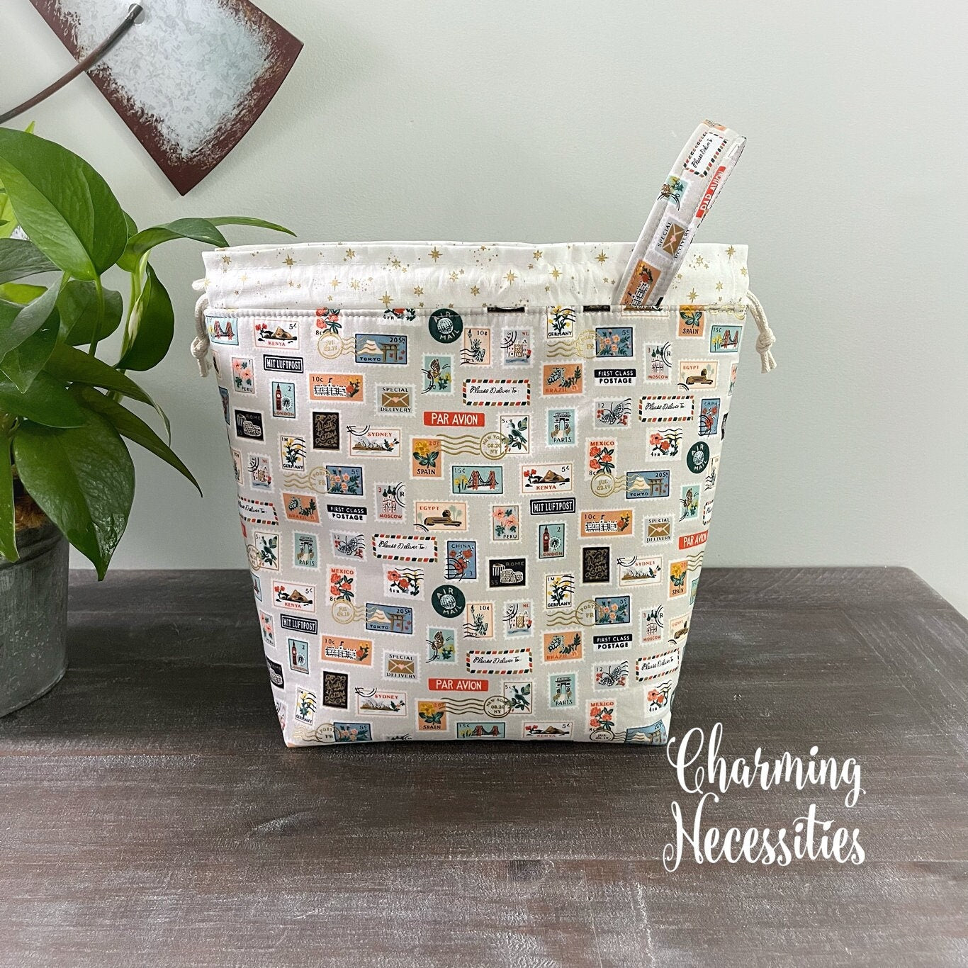 Knitting Project Bag, Postage Stamps Rifle Paper Drawstring Tote