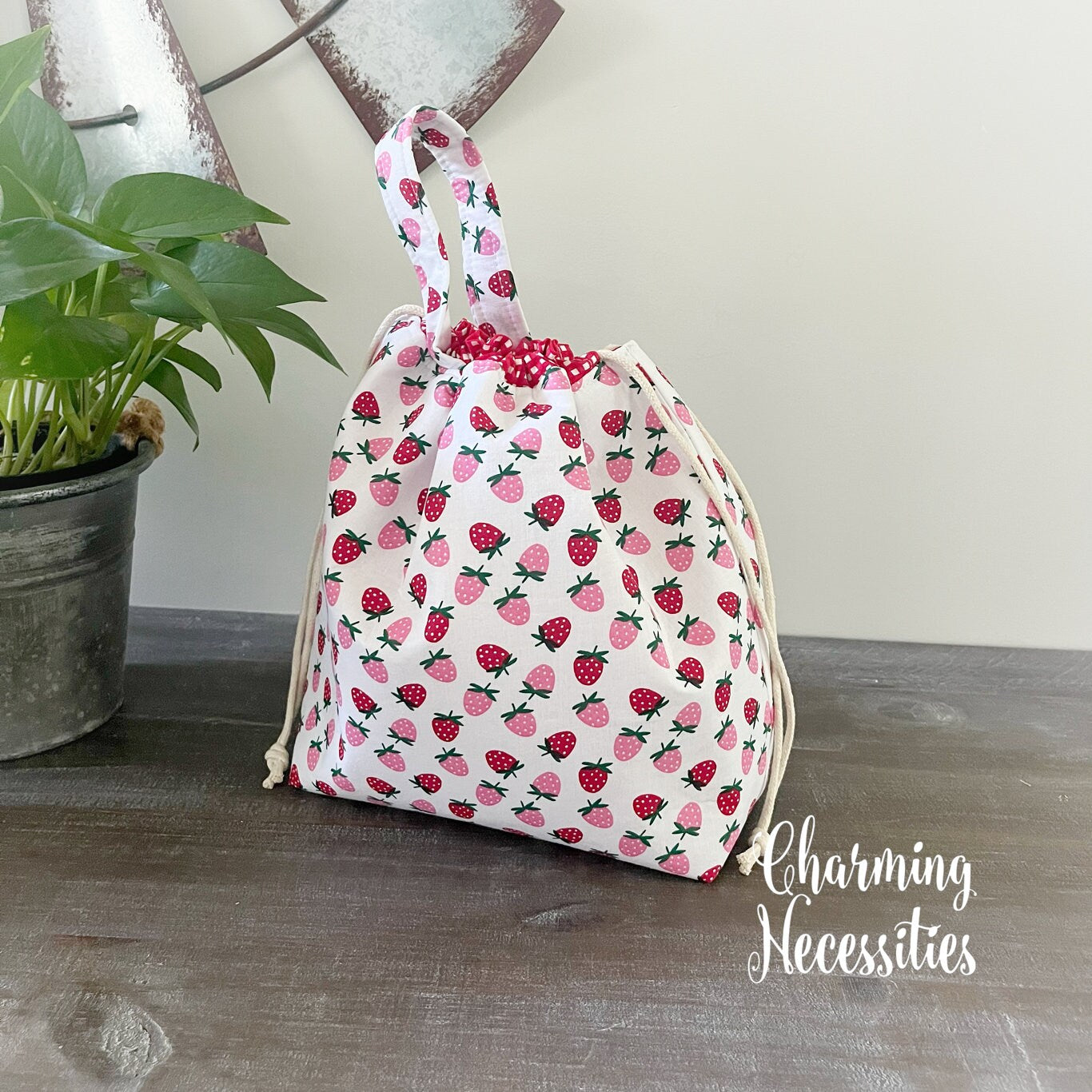 Knitting Project Bag, Strawberry Drawstring Tote