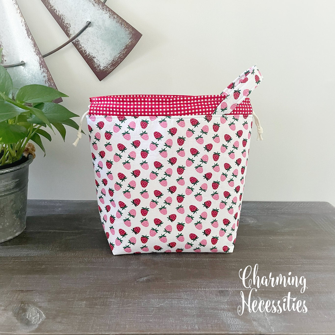 Knitting Project Bag, Strawberry Drawstring Tote