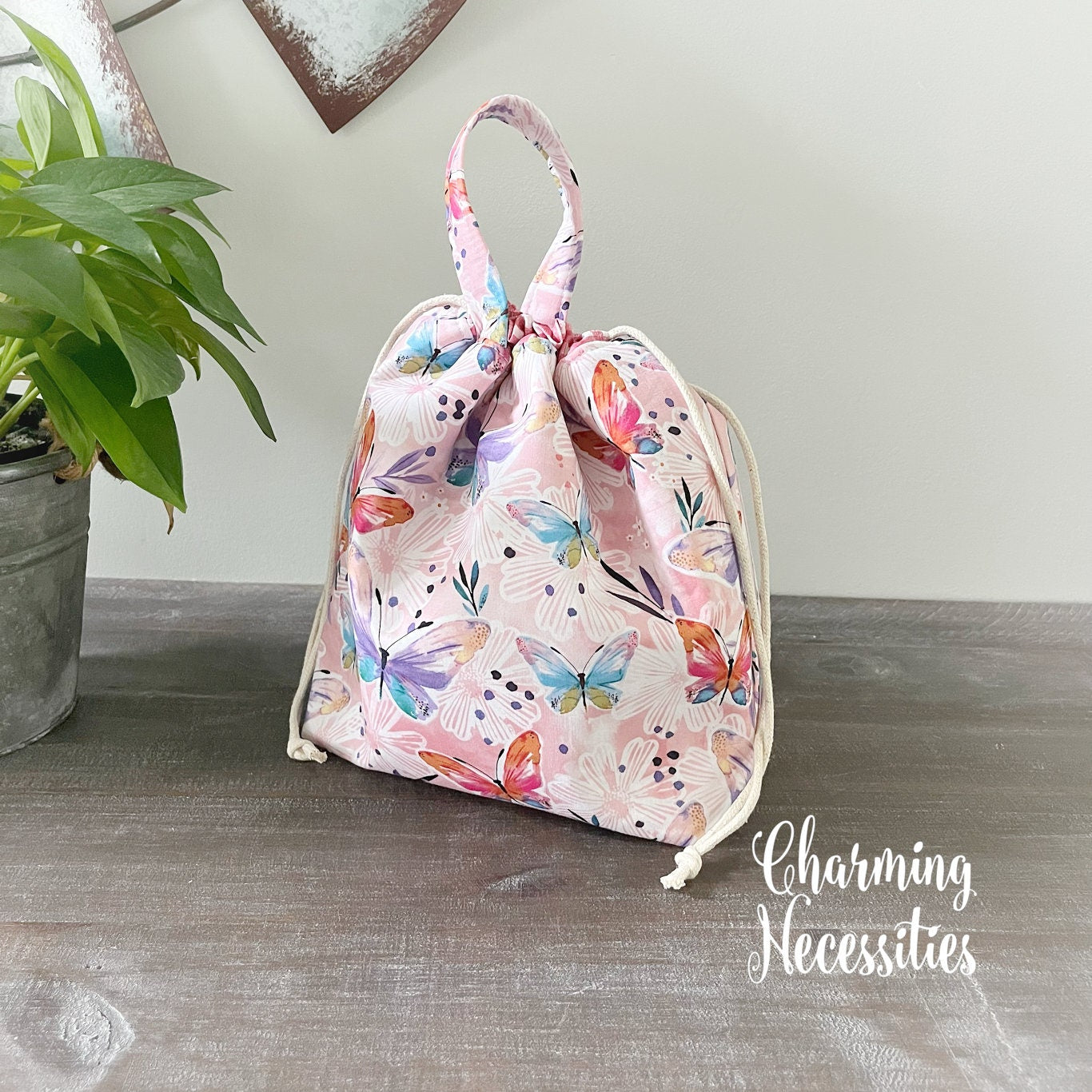 Knitting Project Bag, Butterflies Floral Drawstring Tote