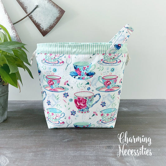 Knitting Project Bag, Bridgerton Tea Party Drawstring Tote