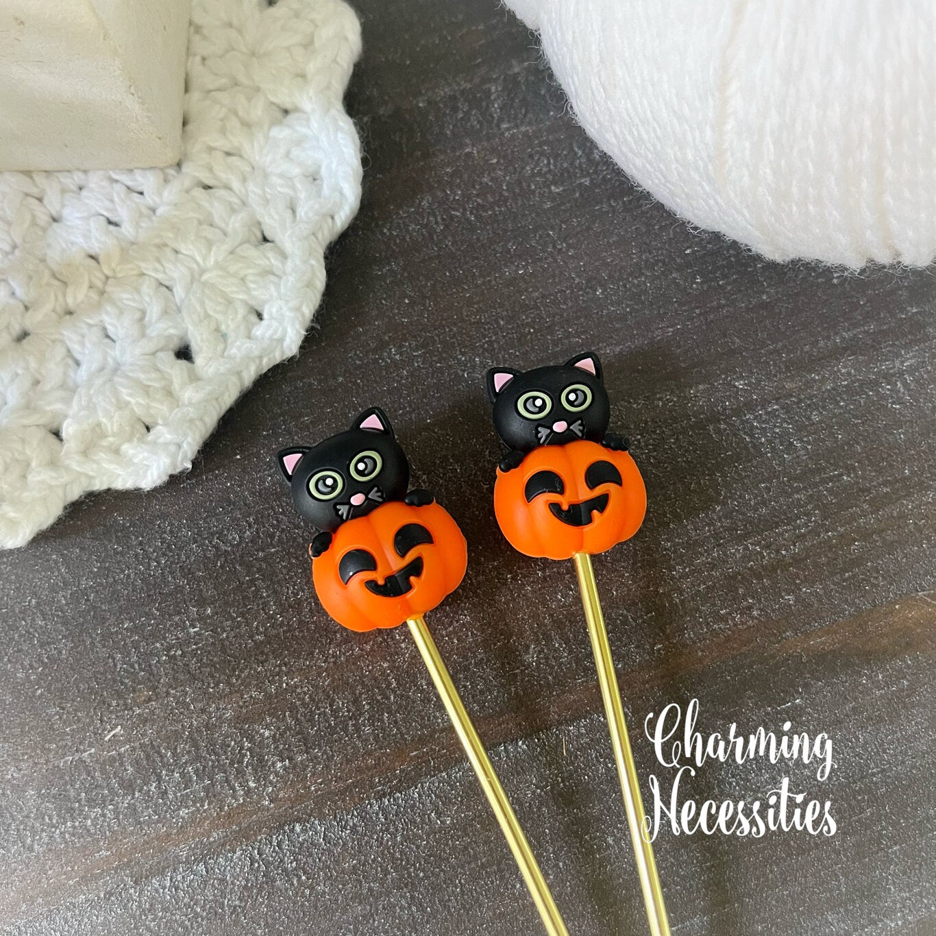 Cats on Pumpkins Stitch Stoppers, Halloween Knitting Accessories, Stitch Holders Needle Protectors, Gifts for Knitters under 10