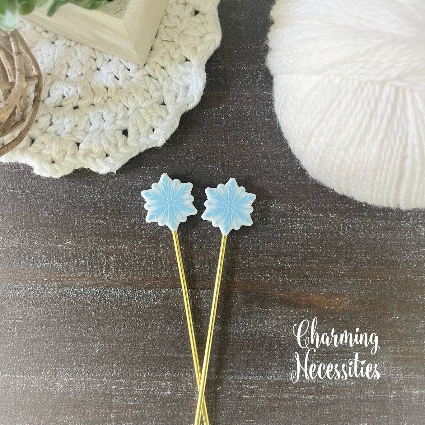 Blue Snowflake Stitch Stoppers, Winter Theme Knitting Accessories, Stitch Holders Needle Protectors, Gifts for Knitters under 10