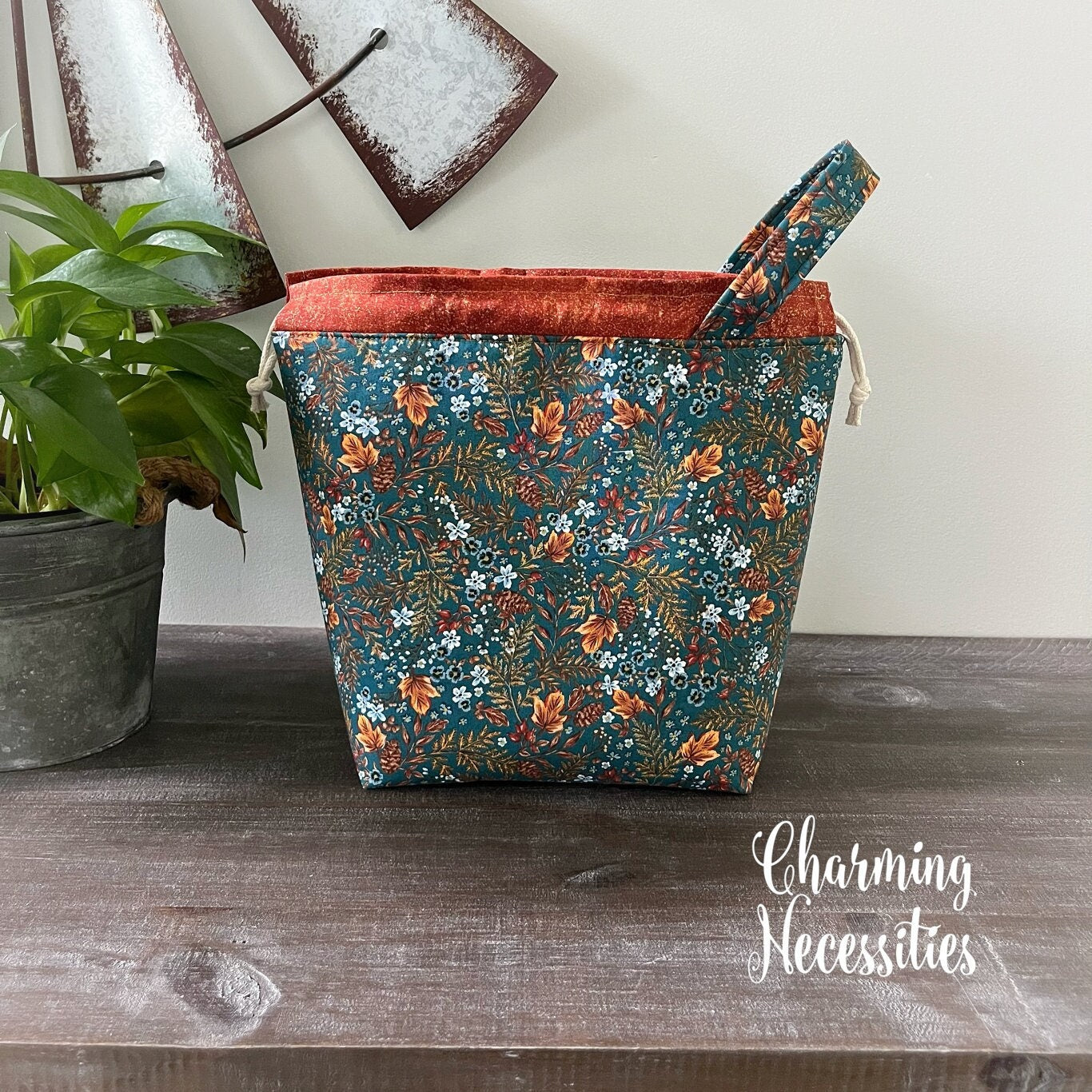 Knitting Project Bag, Fall Leaves on Teal Drawstring Tote Bag