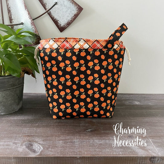 Knitting Project Bag, Fall Pumpkins on Black Drawstring Tote Bag