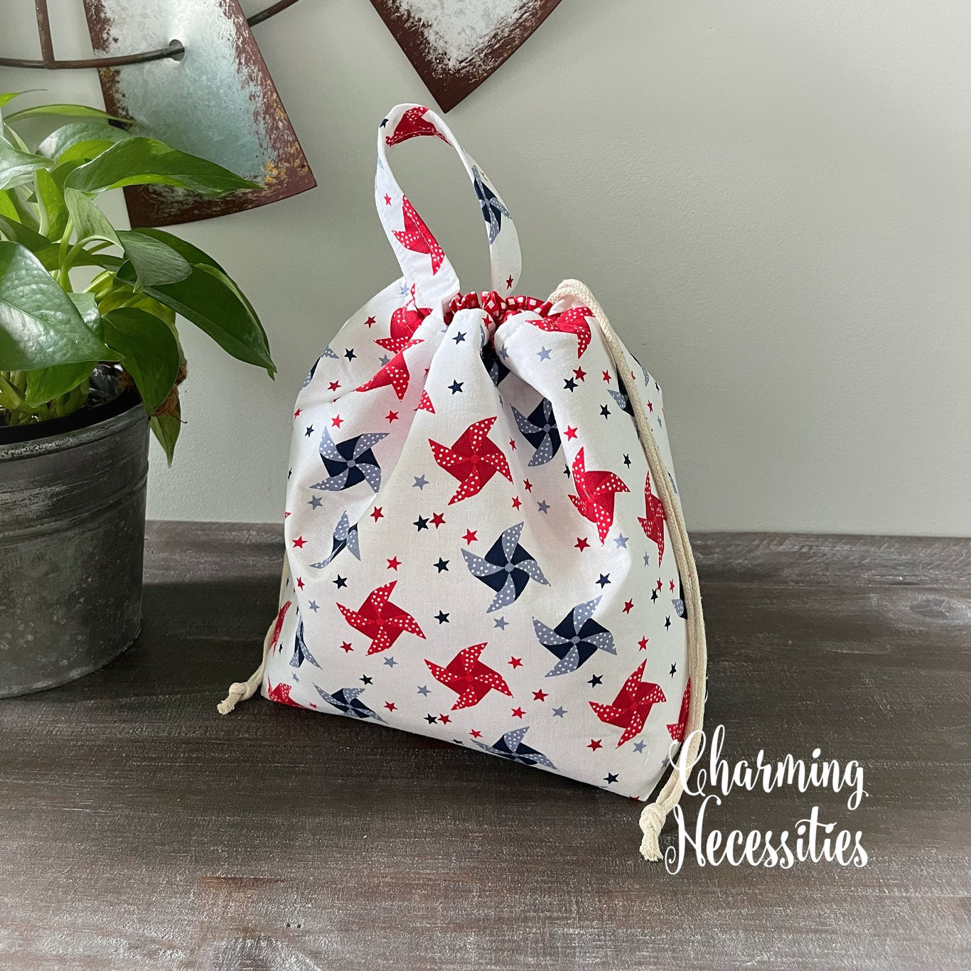 Knitting Project Bag, Patriotic Pinwheels Drawstring Tote