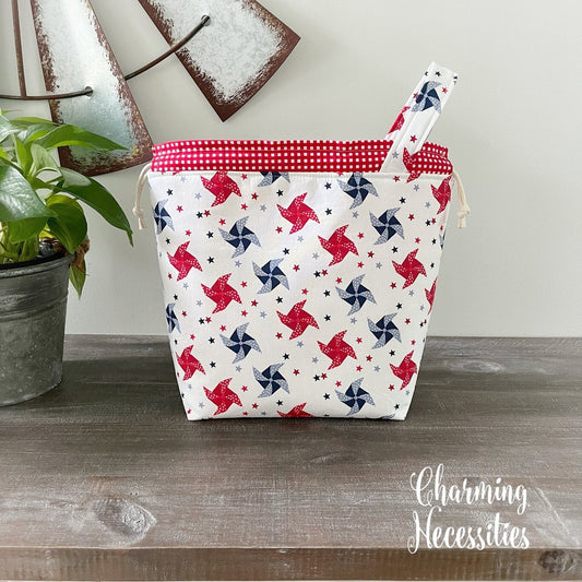 Knitting Project Bag, Patriotic Pinwheels Drawstring Tote