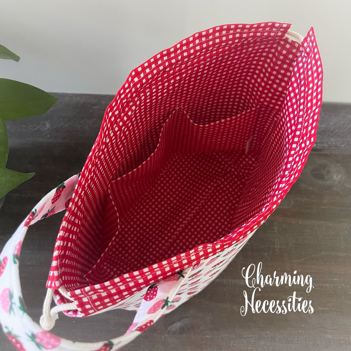 Knitting Project Bag, Strawberry Drawstring Tote