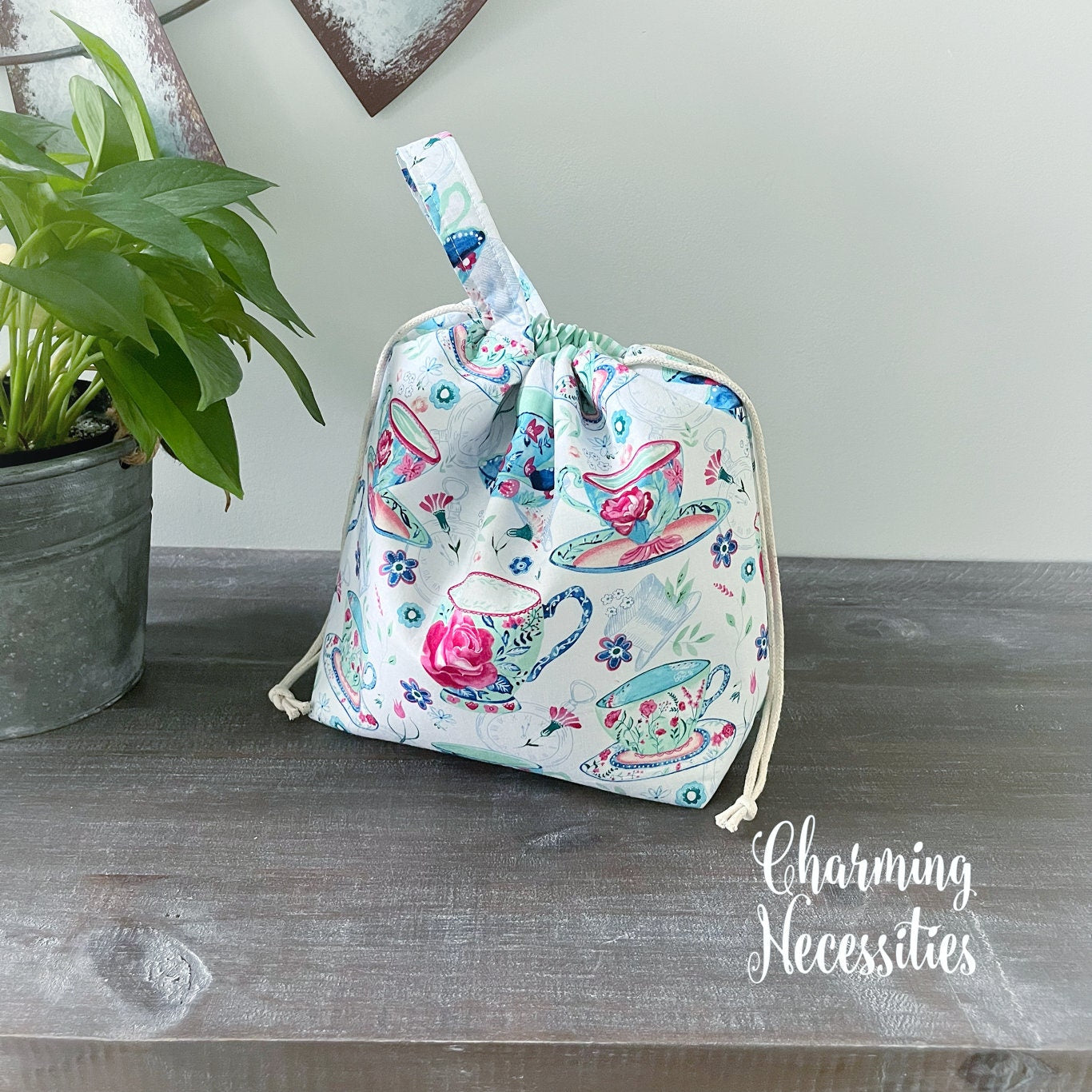 Knitting Project Bag, Bridgerton Tea Party Drawstring Tote