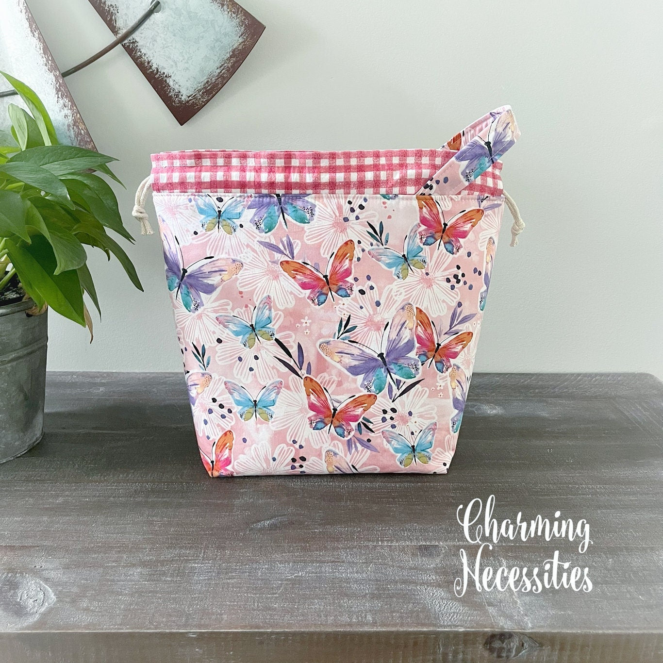 Knitting Project Bag, Butterflies Floral Drawstring Tote