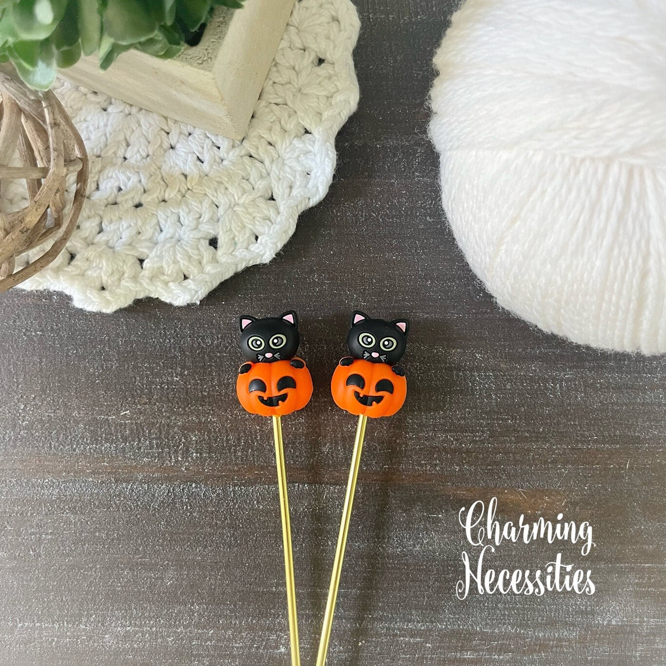 Cats on Pumpkins Stitch Stoppers, Halloween Knitting Accessories, Stitch Holders Needle Protectors, Gifts for Knitters under 10