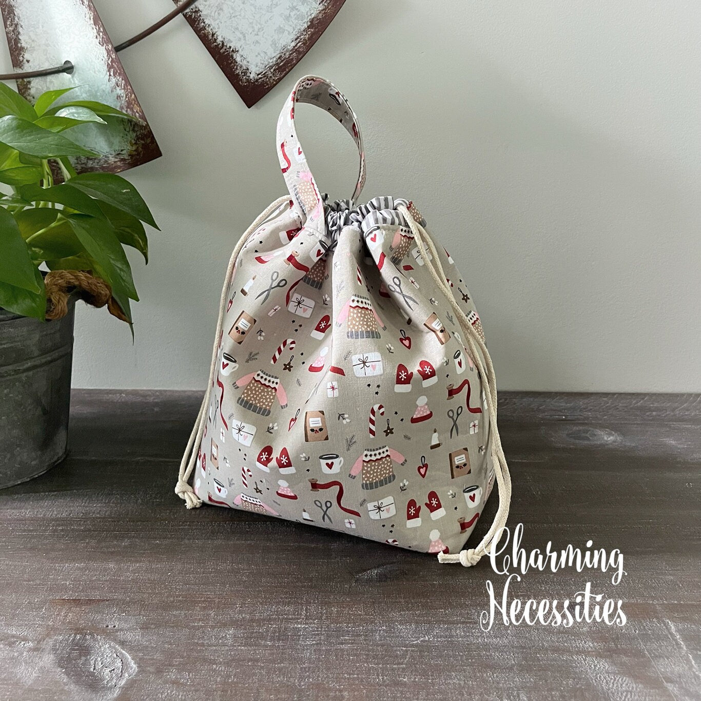 Knitting Project Bag, Christmas Knitting theme Drawstring Tote