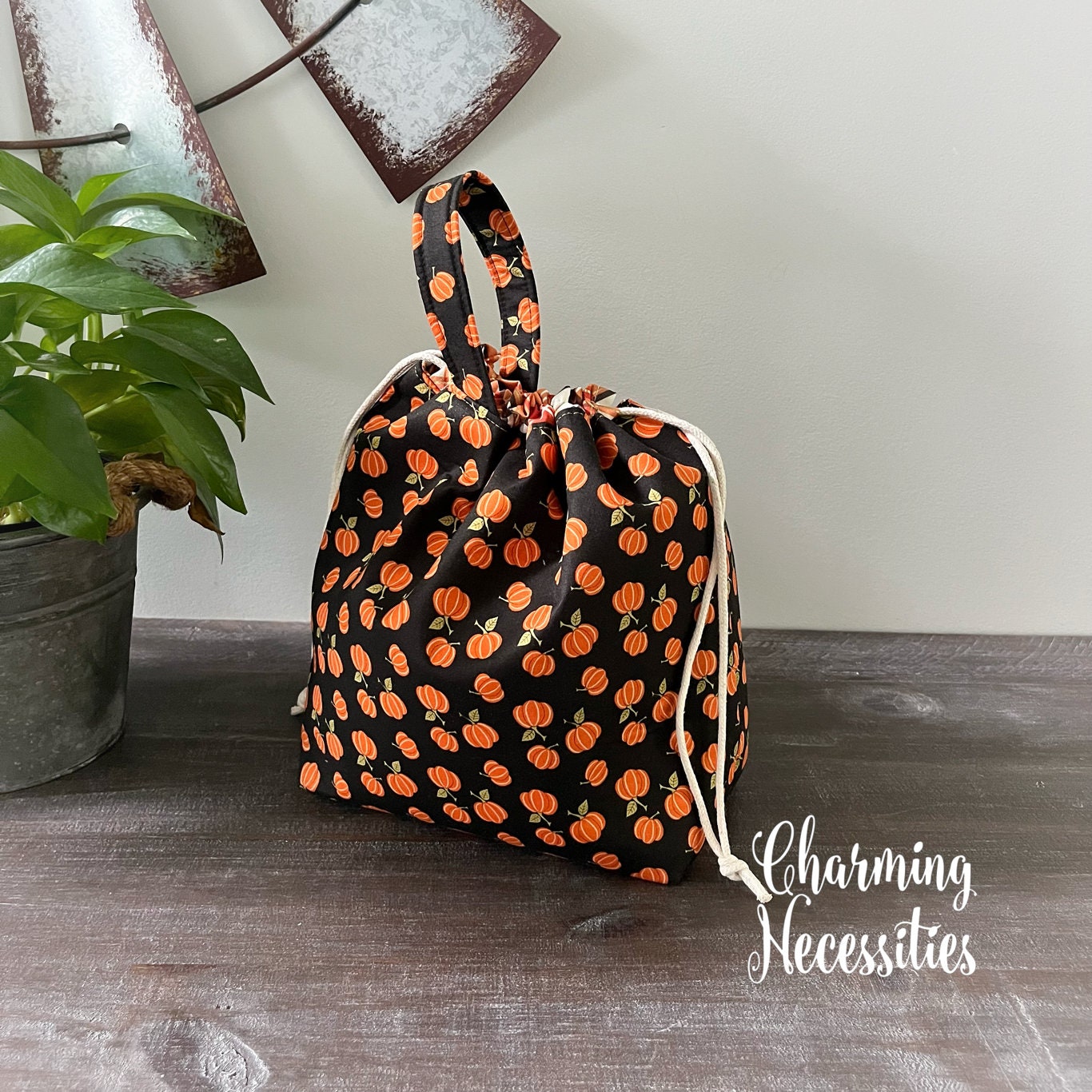 Knitting Project Bag, Fall Pumpkins on Black Drawstring Tote Bag