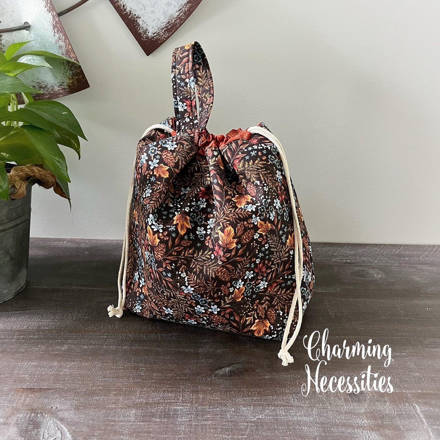 Knitting Project Bag, Fall Leaves on Chocolate Drawstring Tote Bag