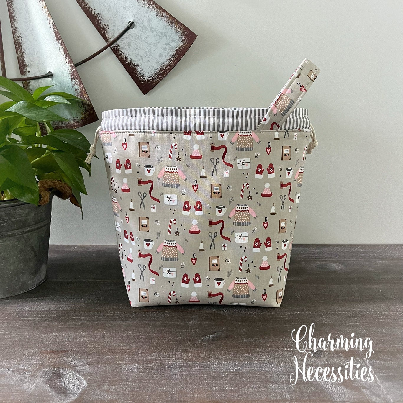 Knitting Project Bag, Christmas Knitting theme Drawstring Tote