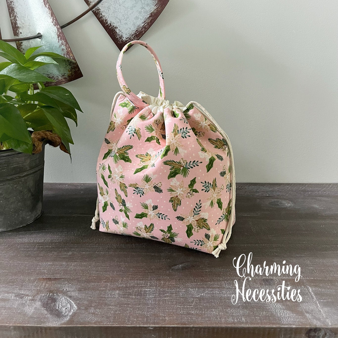 Knitting Project Bag, Winter Floral Pink Cream Holiday Drawstring Tote