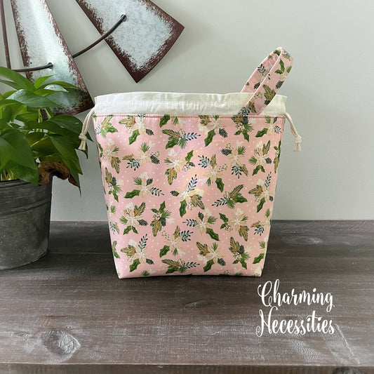 Knitting Project Bag, Winter Floral Pink Cream Holiday Drawstring Tote