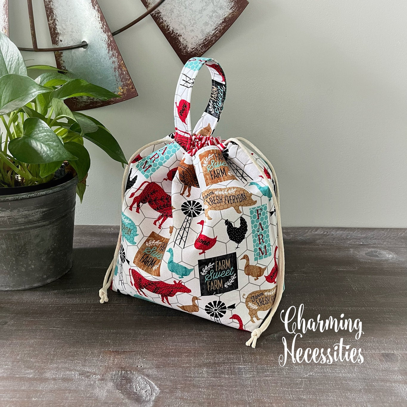 Knitting Project Bag, Farm Animals Drawstring Tote