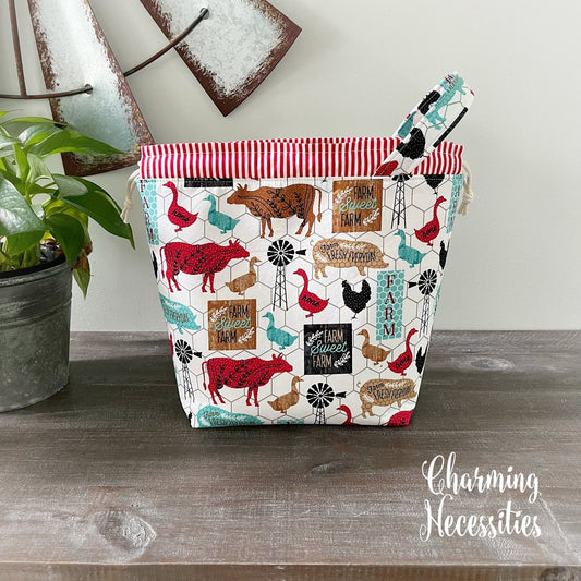 Knitting Project Bag, Farm Animals Drawstring Tote