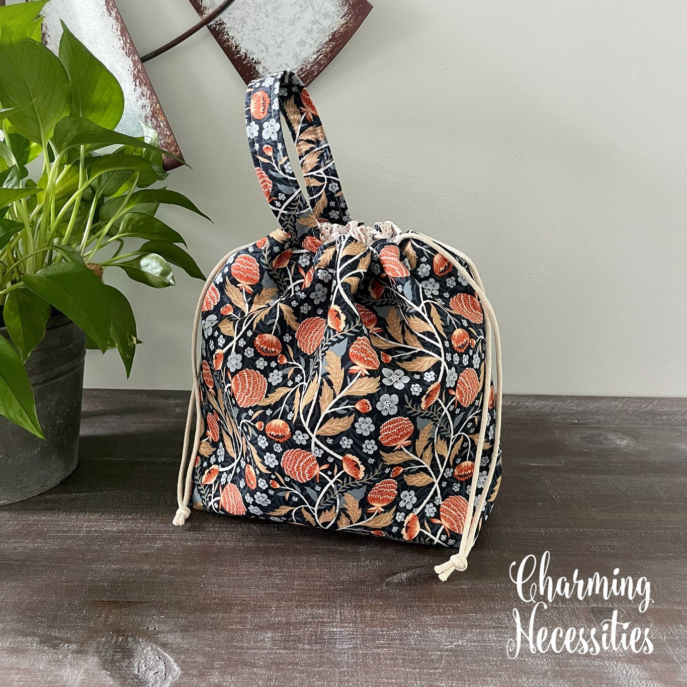 Knitting Project Bag, Autumn Floral on Navy Drawstring Tote