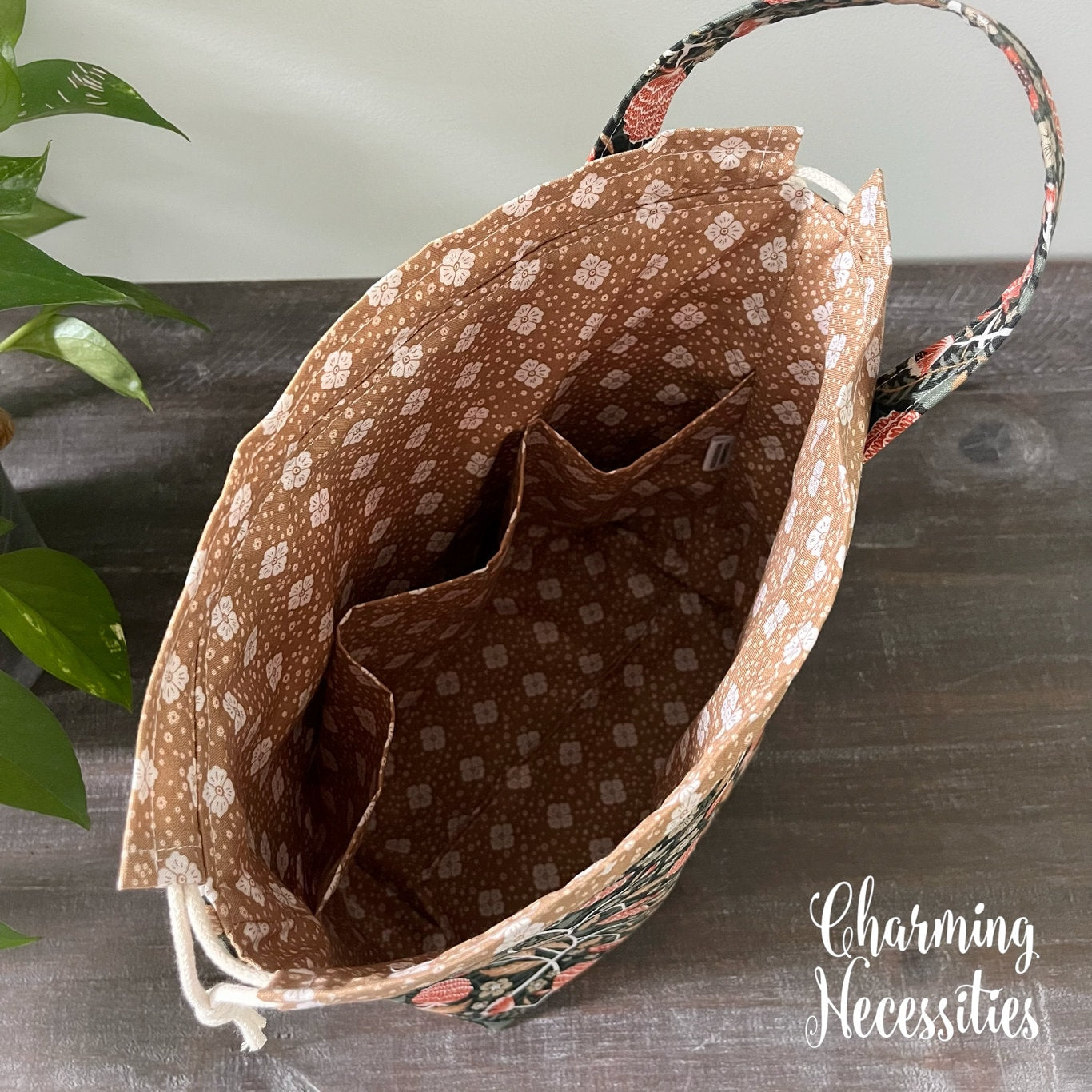 Knitting Project Bag, Autumn Floral Dark Green Drawstring Tote