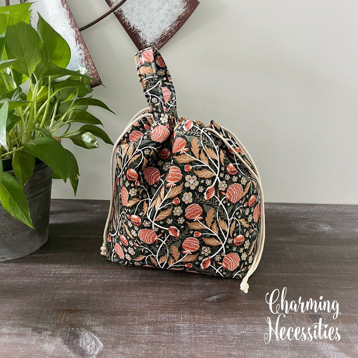 Knitting Project Bag, Autumn Floral Dark Green Drawstring Tote