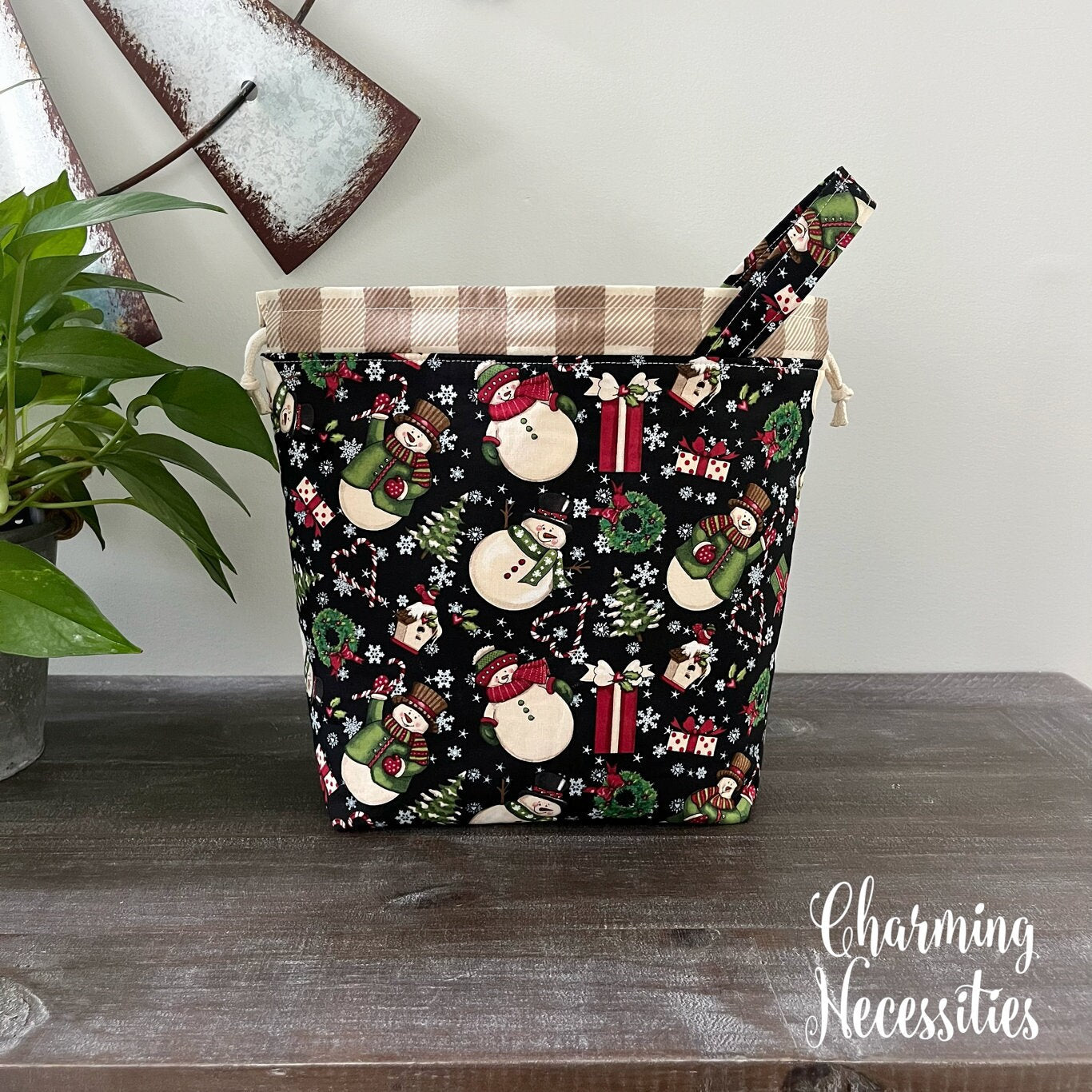 Knitting Project Bag, Christmas Snowman Drawstring Tote