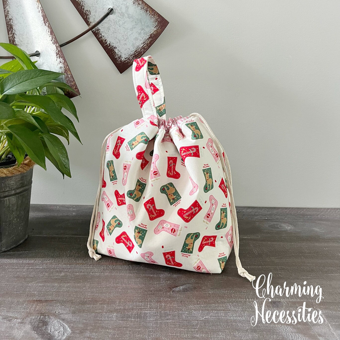 Knitting Project Bag, Christmas Stockings Drawstring Tote on Cream