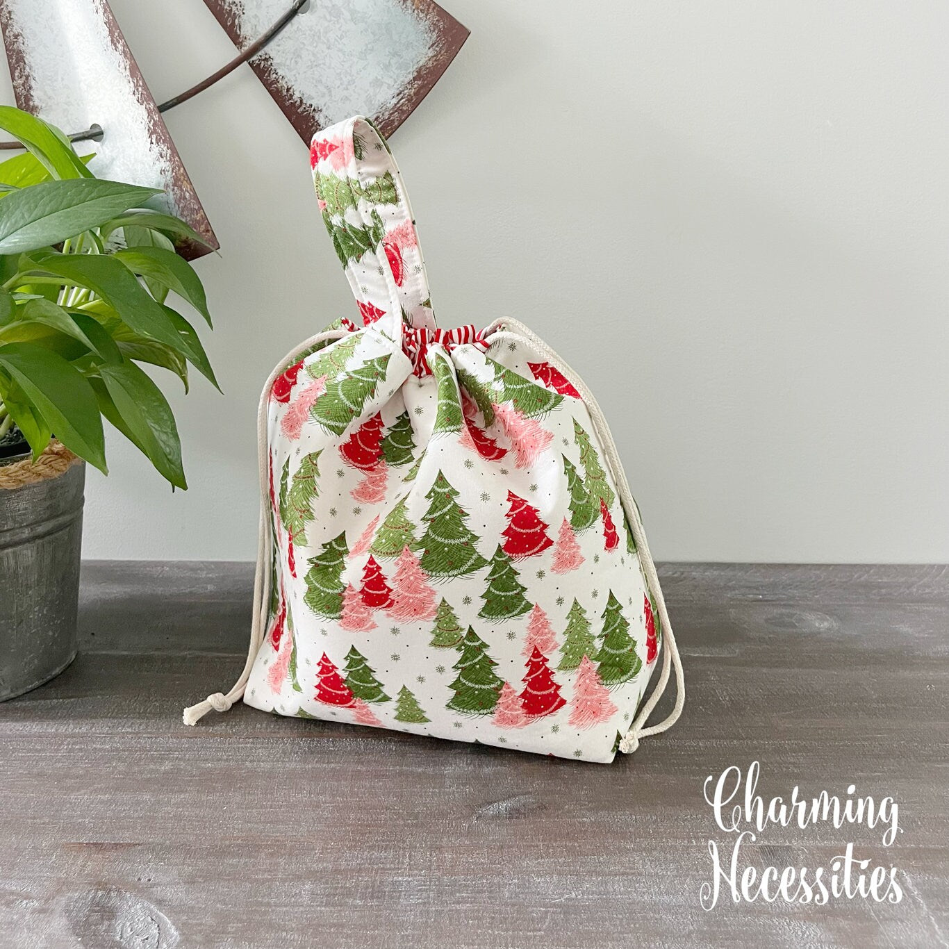 Knitting Project Bag, Holiday Christmas Trees Tote, Crochet Project Bag Sock Shawl Pouch Yarn Storage, Gifts for Knitters Crocheters