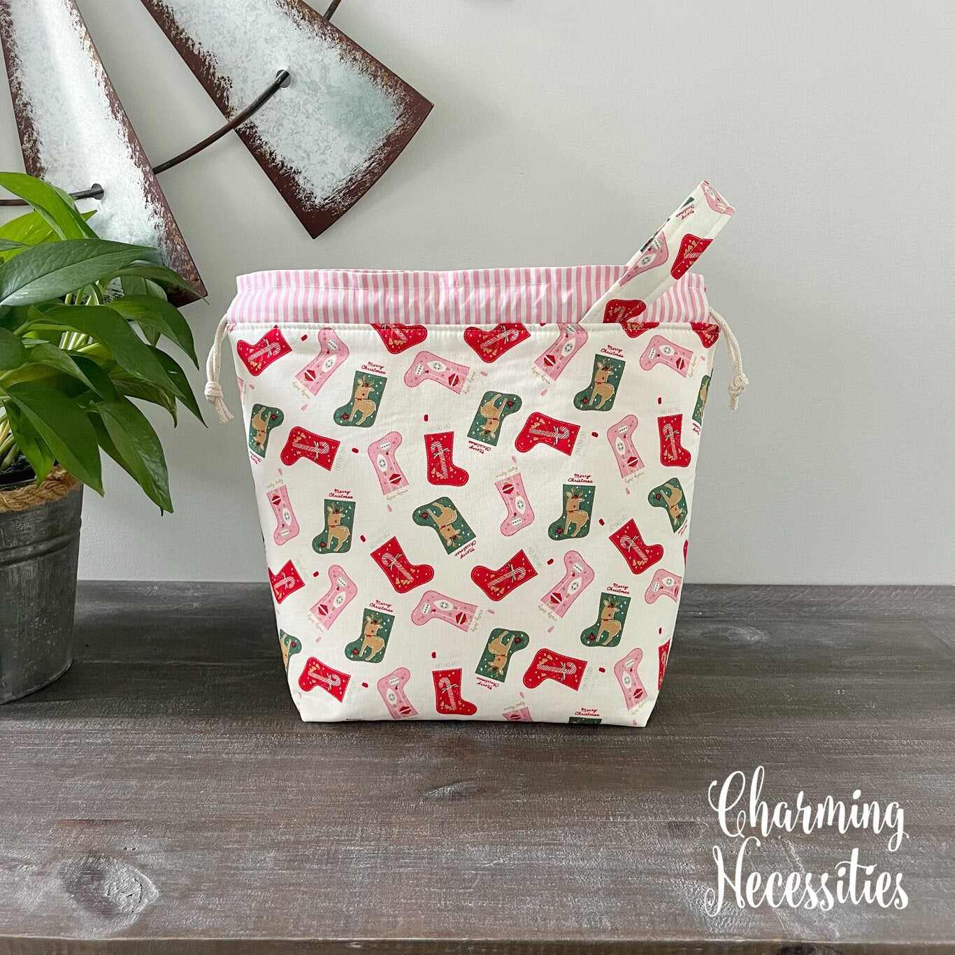 Knitting Project Bag, Christmas Stockings Drawstring Tote on Cream