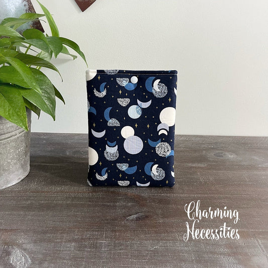 Padded Book Sleeve Kindle Sleeve Cover, Moon and Stars on Navy with Metallic Gold Stars, Gifts for Book Lovers