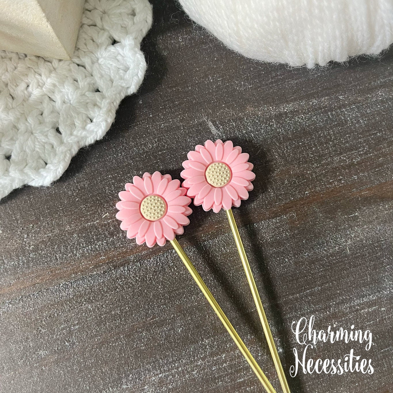 Daisy Stitch Stoppers Pink Tan , Flower Floral Knitting Accessories, Stitch Holders Needle Protectors, Gifts for Knitters under 10