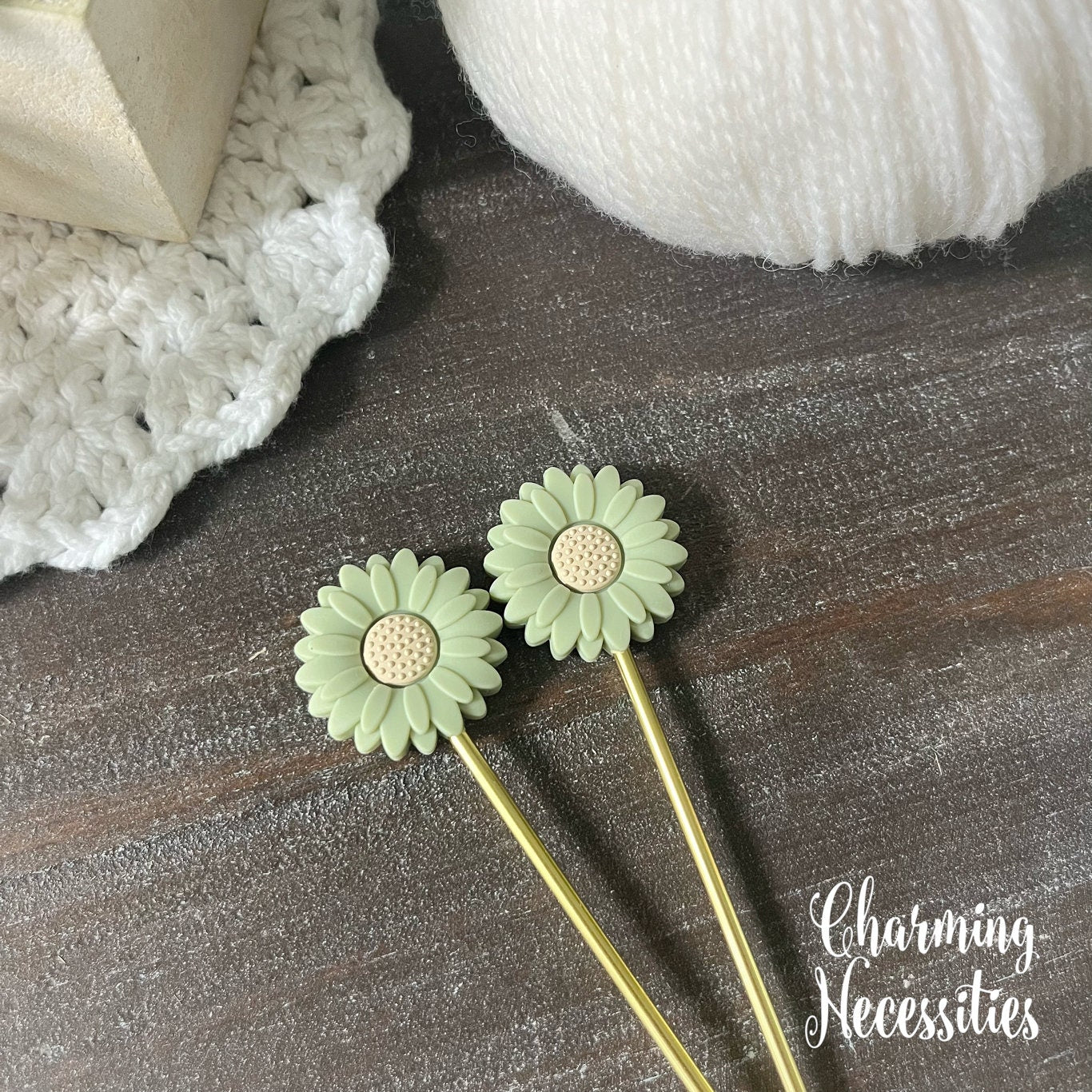 Daisy Stitch Stoppers Green Tan, Flower Floral Knitting Accessories, Stitch Holders Needle Protectors, Gifts for Knitters under 10