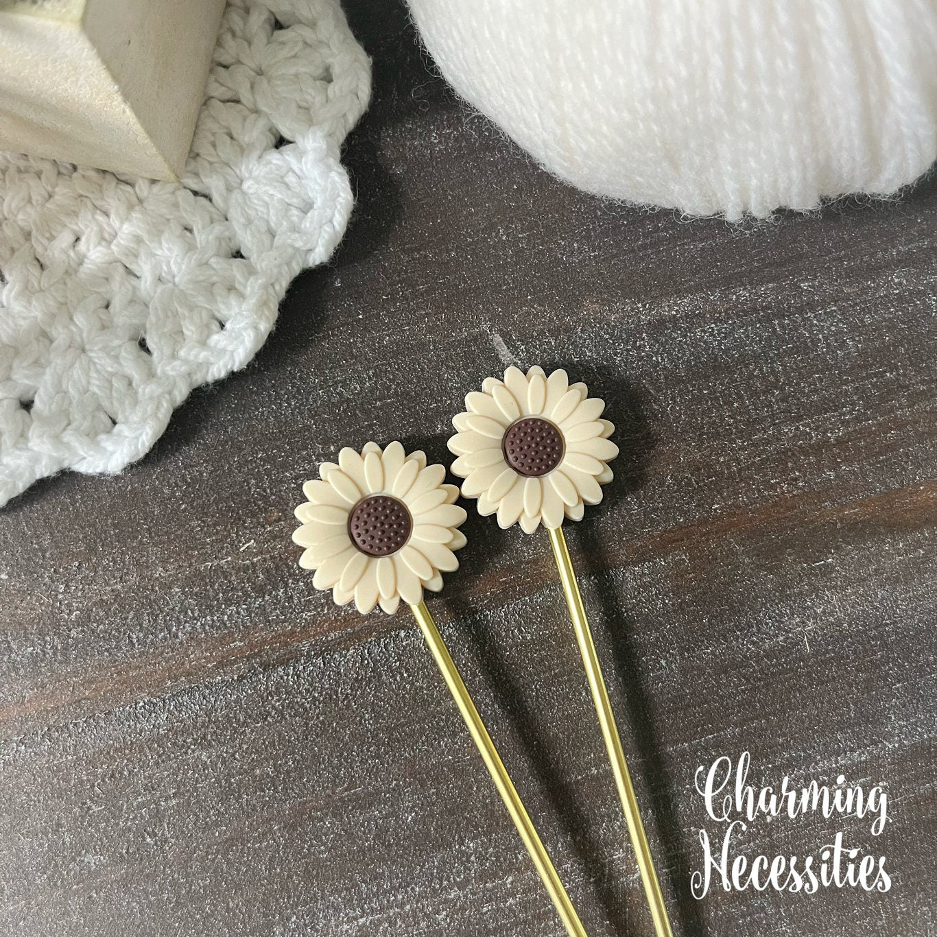 Daisy Stitch Stoppers Tan and Brown, Flower Floral Knitting Accessories, Stitch Holders Needle Protectors, Gifts for Knitters under 10