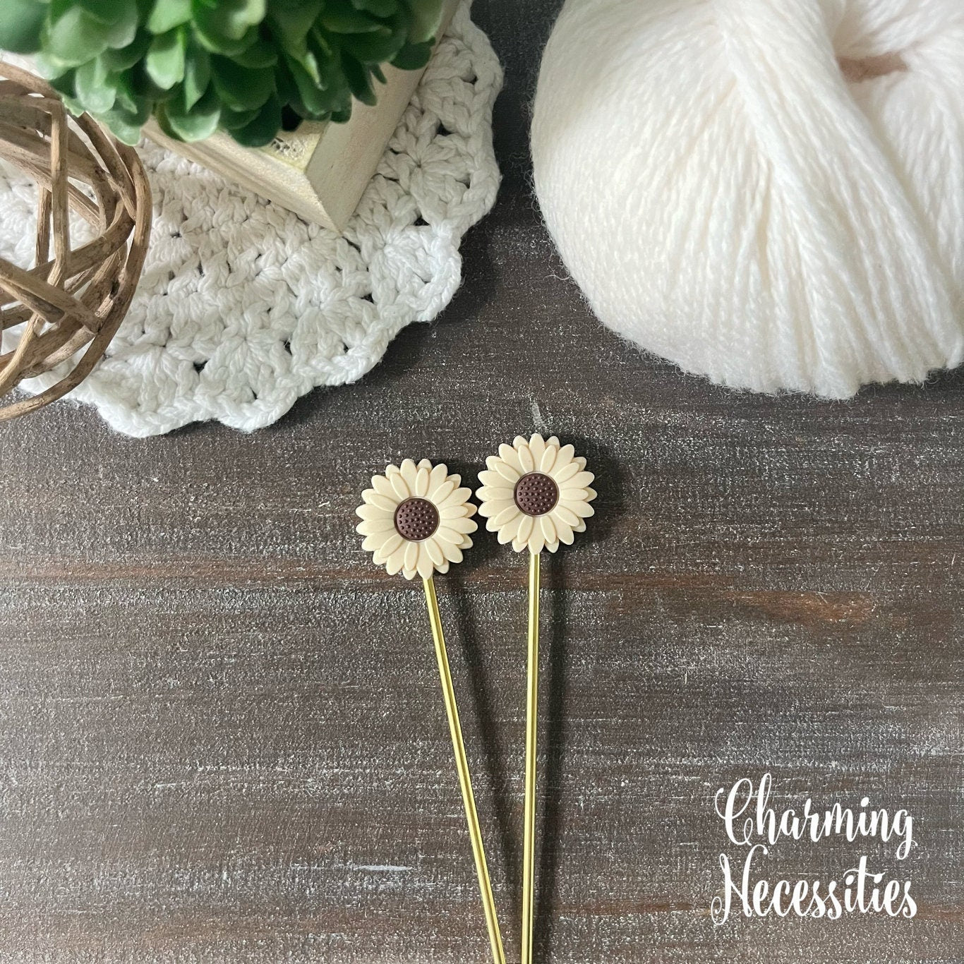 Daisy Stitch Stoppers Tan and Brown, Flower Floral Knitting Accessories, Stitch Holders Needle Protectors, Gifts for Knitters under 10