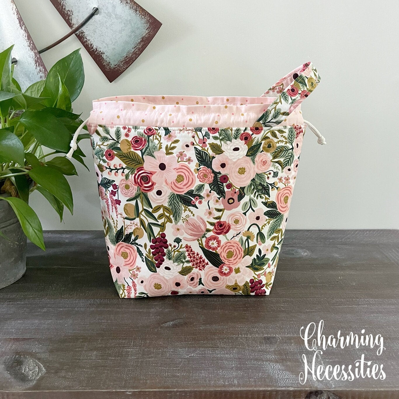 Knitting Project Bag, Rifle Paper Co Garden Party in Pink Drawstring Tote