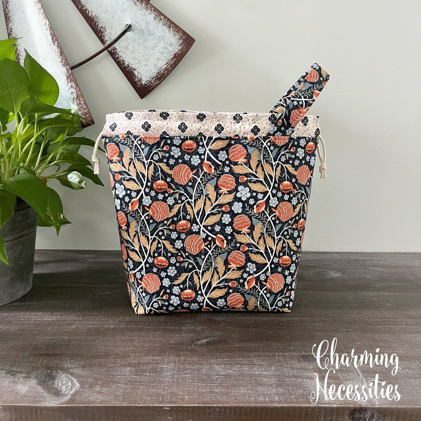 Knitting Project Bag, Autumn Floral on Navy Drawstring Tote